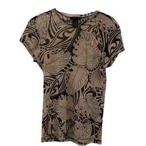 The Limited Women Blouse Vintage Sheer Leaf Print Short Sleeve Beige Black Large
